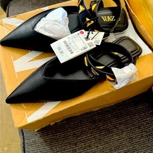 Zara Black Pointed Toe Flats with Gold Accents